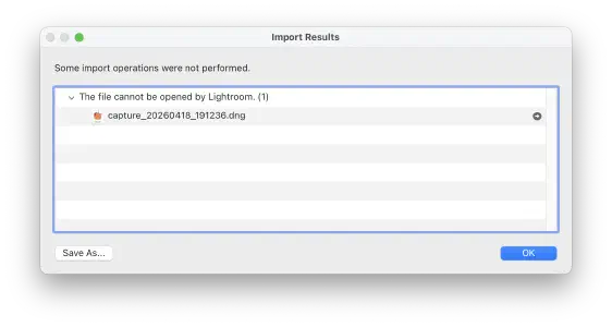 A supremely unhelpful error from Lightroom